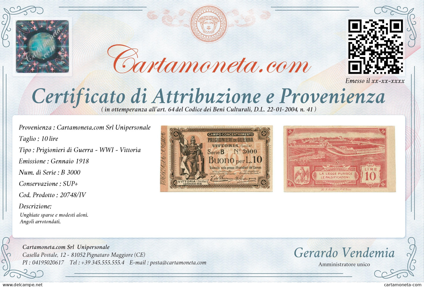 10 LIRE CAMPO CONCENTRAMENTO PRIGIONIERI GUERRA WWI VITTORIA GENNAIO 1918 SUP+ - Altri & Non Classificati