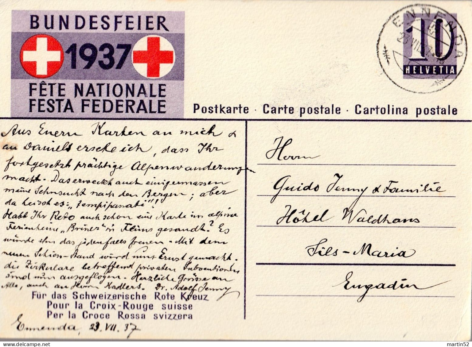 Schweiz 1937: Bundesfeier-PK Spielende Kinder Enfants Jouant Zumstein-N° 85 Mit Stempel ENNENDA 23.VII.37 (Zu CHF 8.80) - Ganzsachen