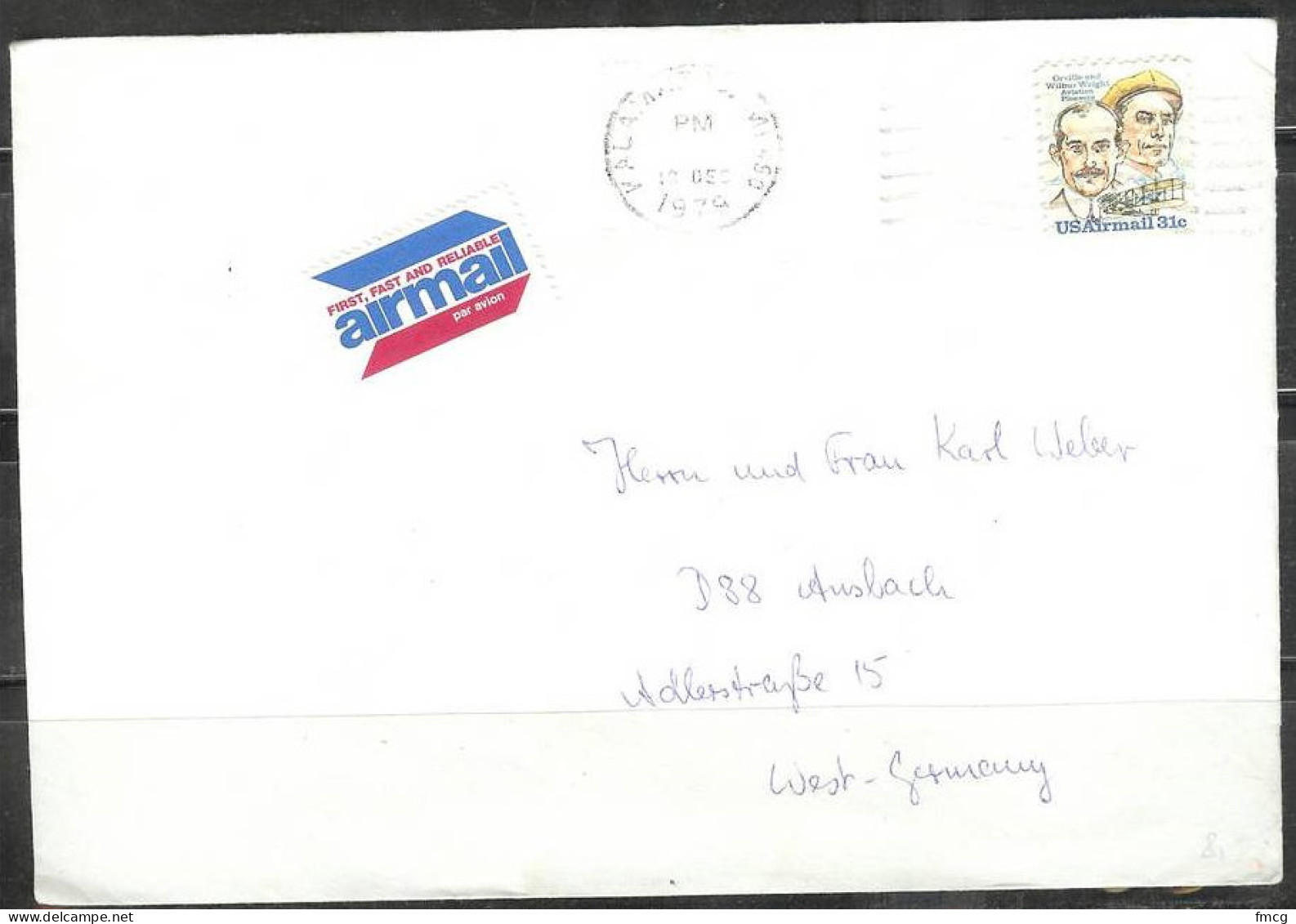 1979 31 Cents Wright Brothers Airmail On Cover Michigan (Dec 19) To Germany - Covers & Documents