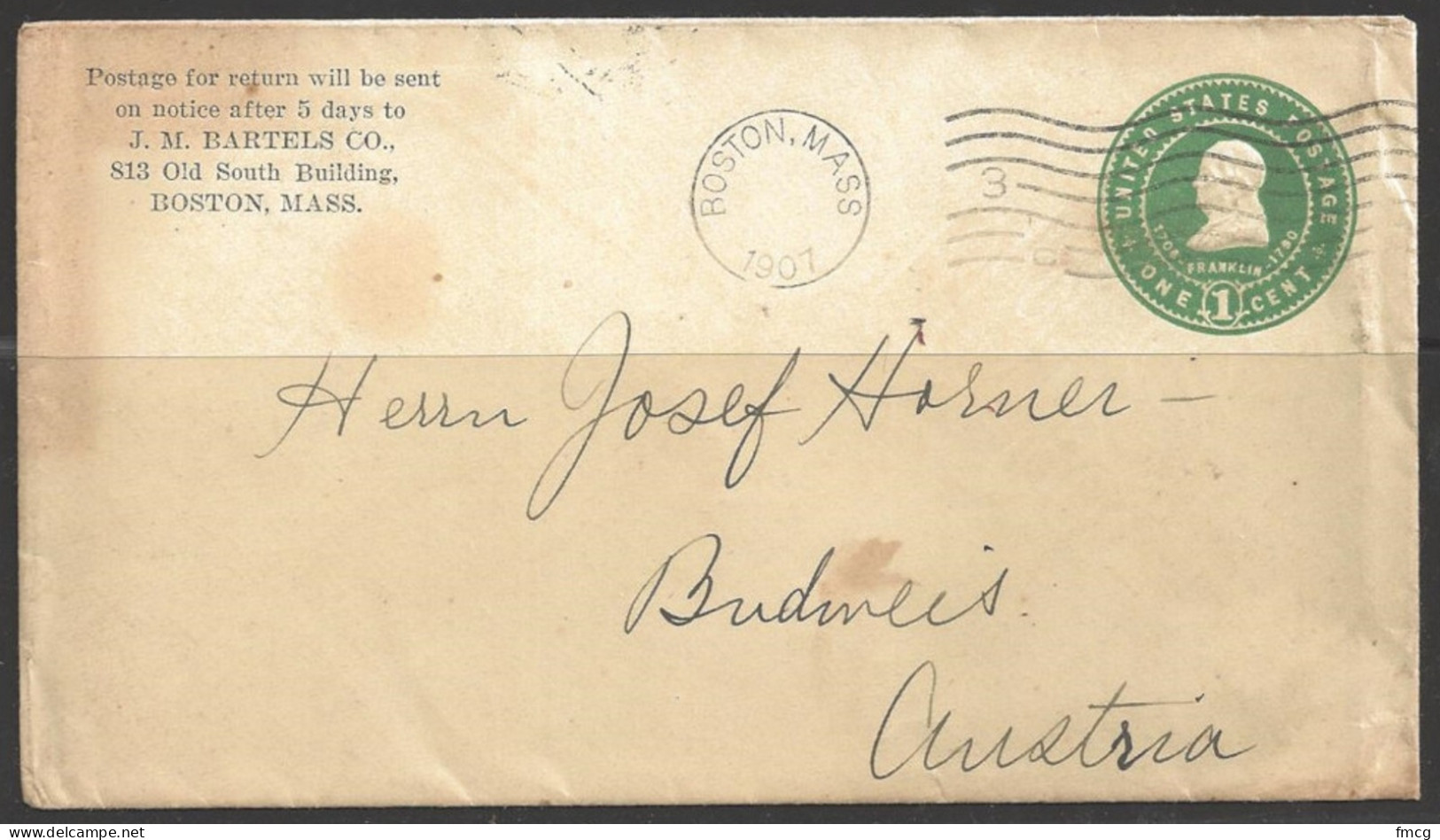 1907 2 Cents Franklin Envelope, Boston "C" To Austria, Corner Card - Brieven En Documenten