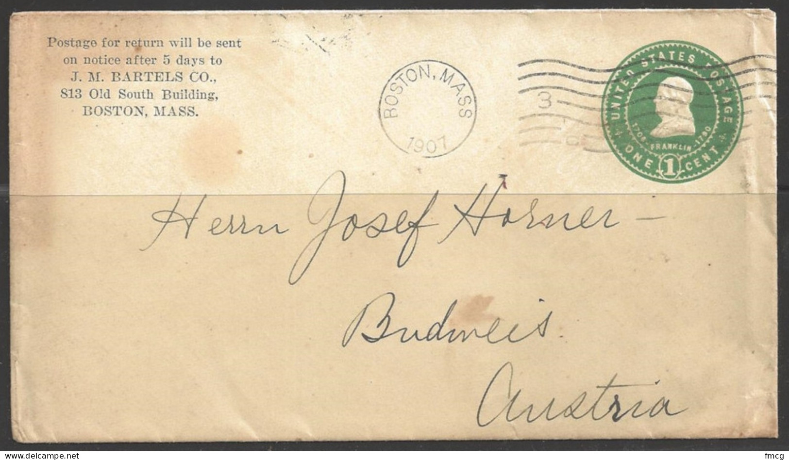 1907 2 Cents Franklin Envelope, Boston "C" To Austria, Corner Card - Storia Postale