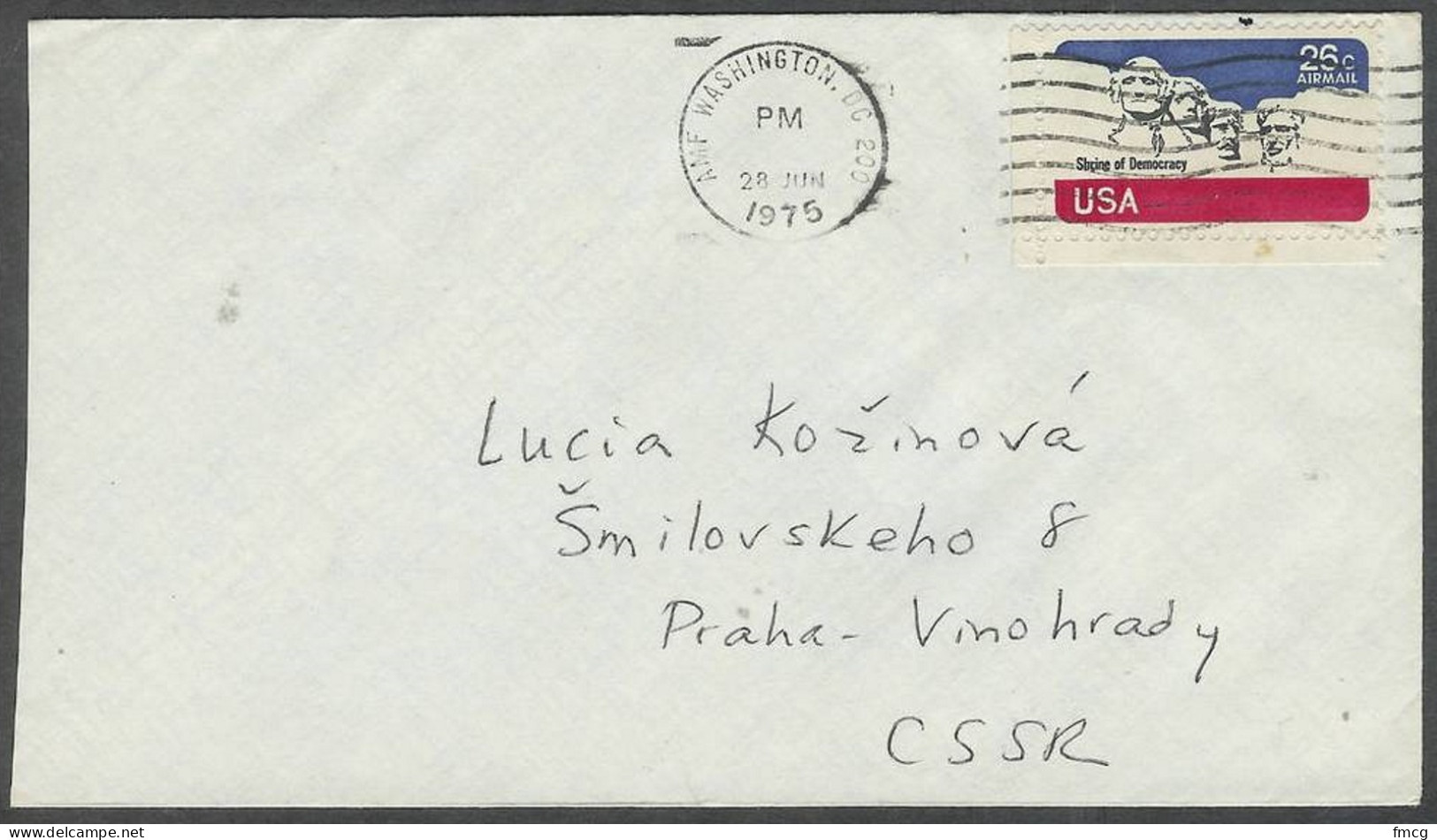 1975 26 Cents Mt. Rushmore Airmail, Washington DC (Jun 28) To Czechoslovakia - Storia Postale
