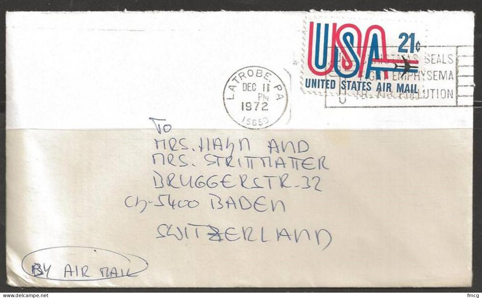 1972 (Dec 11) 21 Cents Airmail, Latrobe PA To Switzerland - Storia Postale