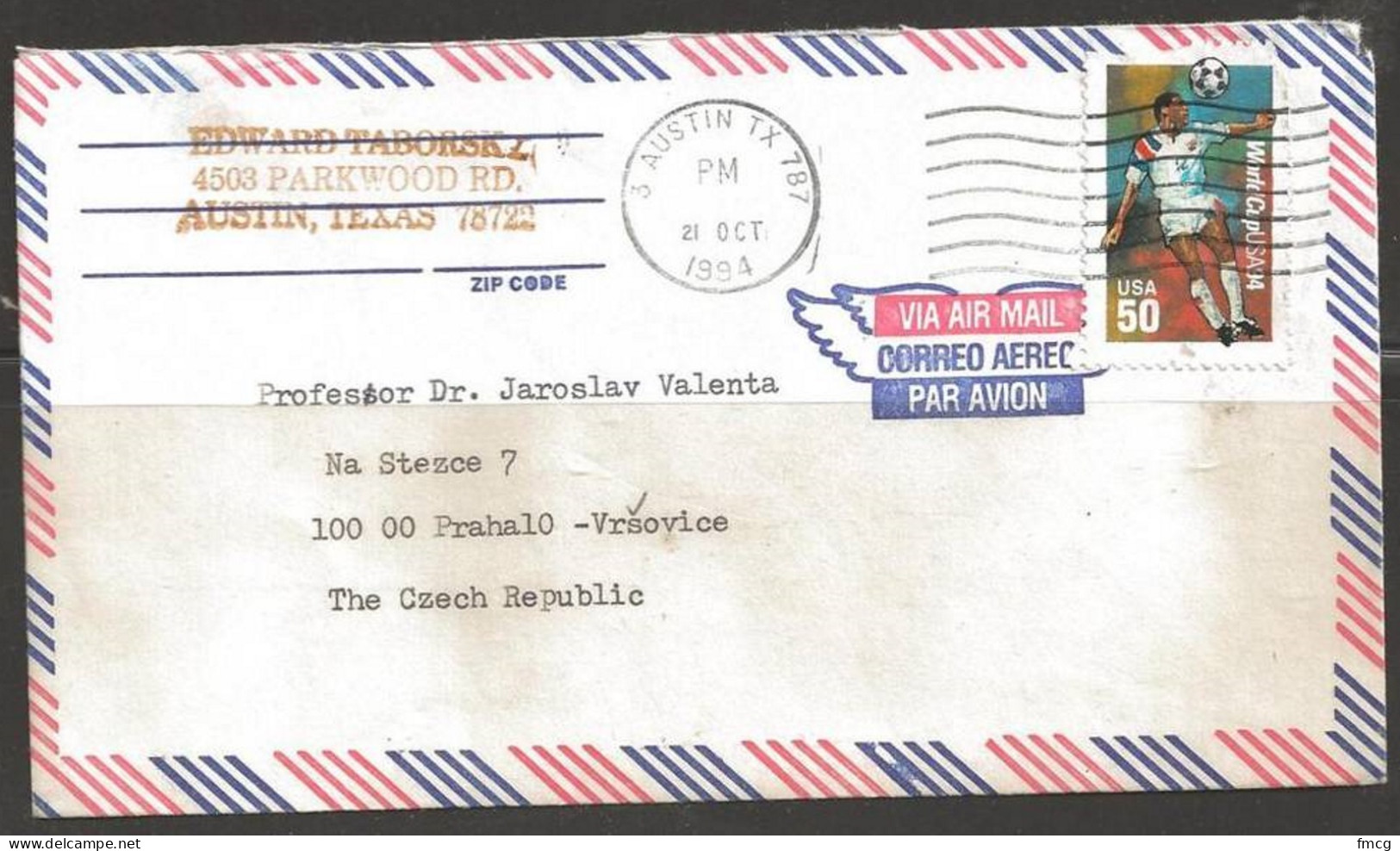 1994  (21 Oct) 50 Cents World Cup Soccer, Austin TX To Czech Republic - Briefe U. Dokumente