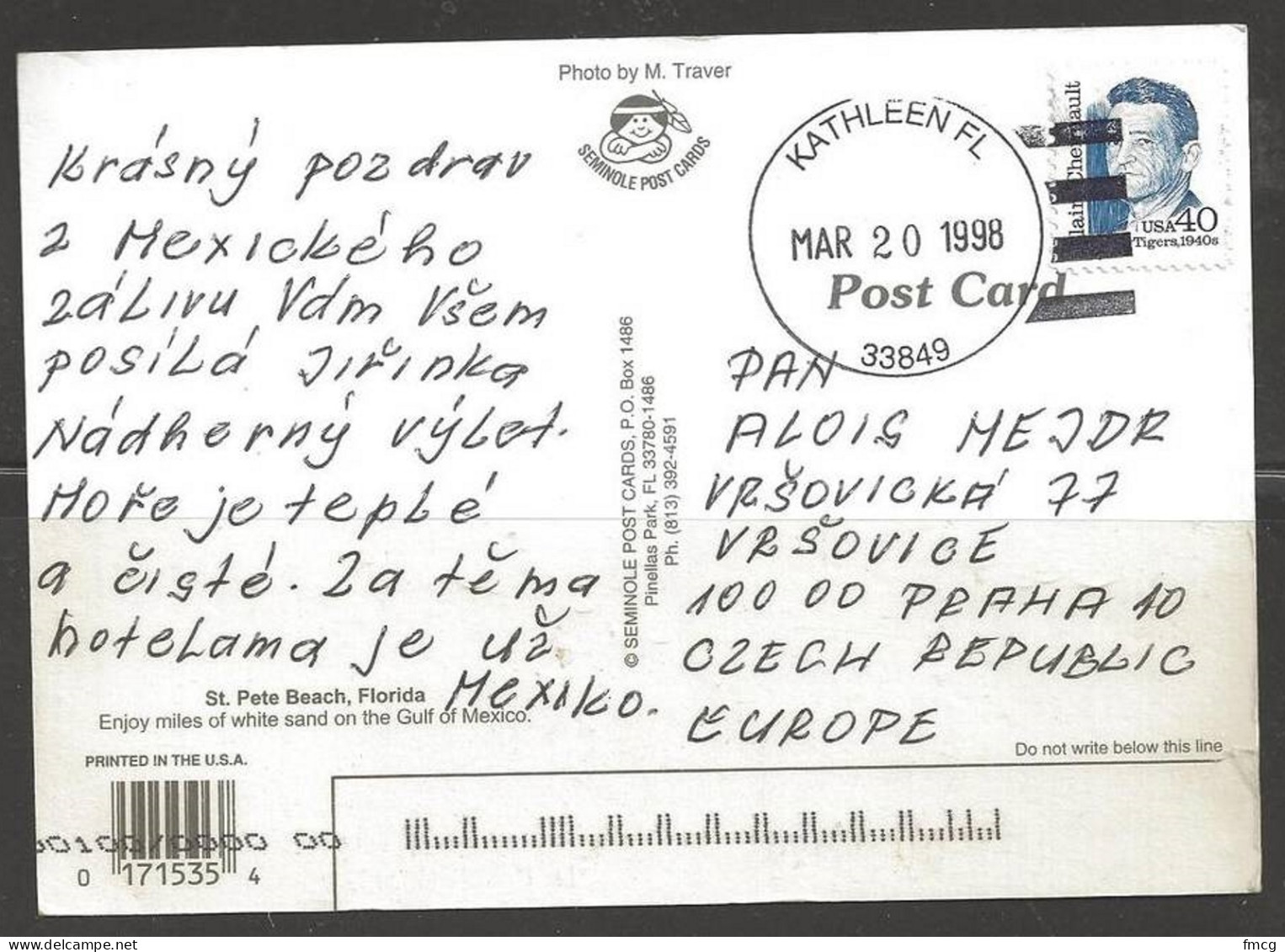 1998 (20 Mar) 40 Cents Chennault On Postcard Kathleen FL To Czech Republic - Cartas & Documentos