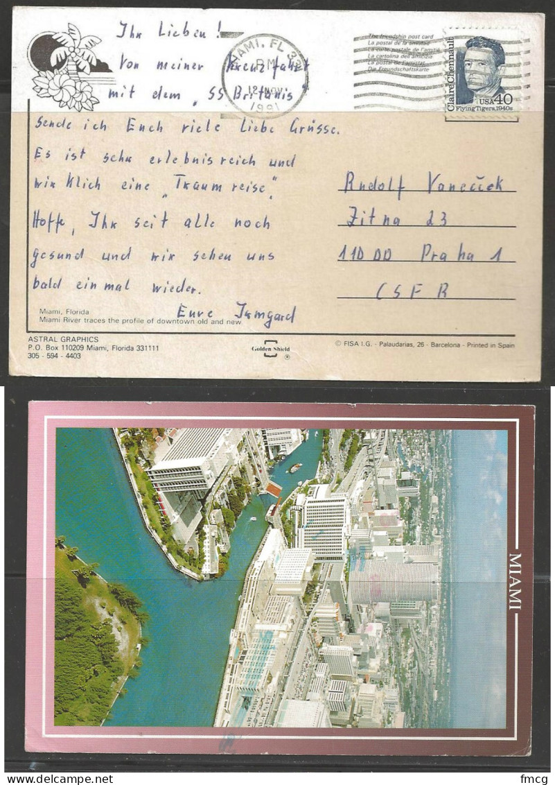 1991 (12 Nov) 40 Cents Chennault On Postcard, Miami To Czechoslovakia - Storia Postale