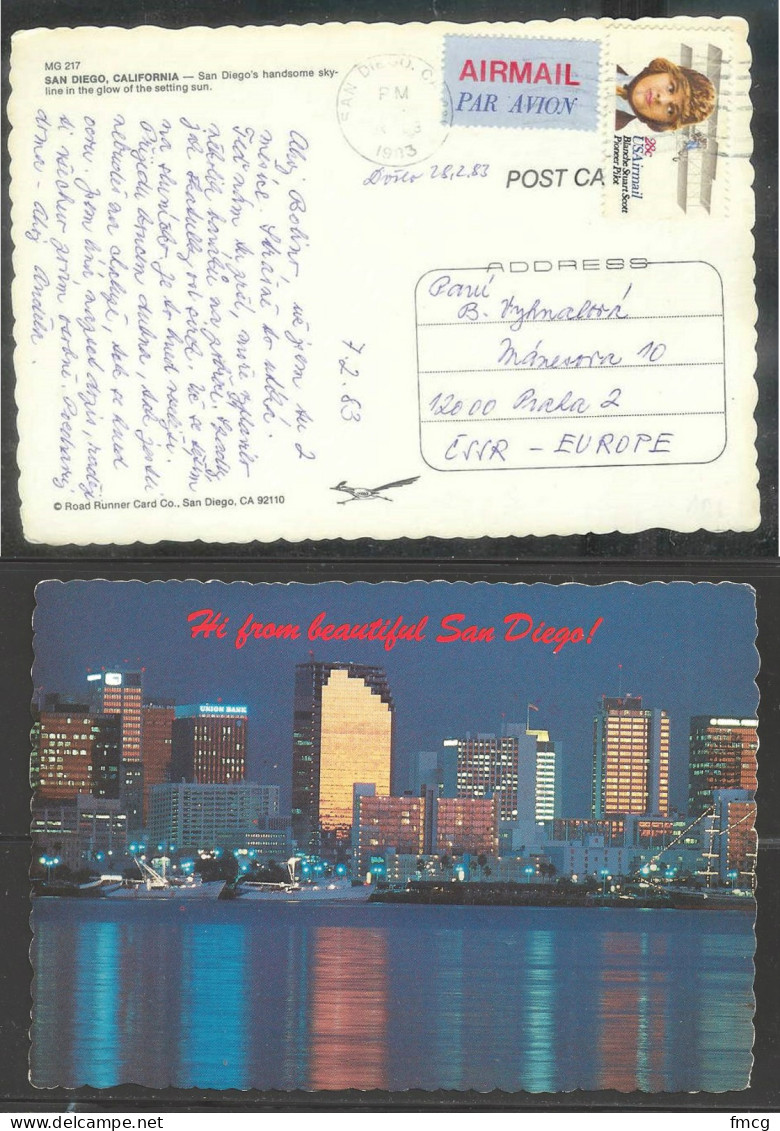 1983 - 28 Cents Scott, San Diego (3 Jul) To Czechoslovakia On Postcard - Briefe U. Dokumente
