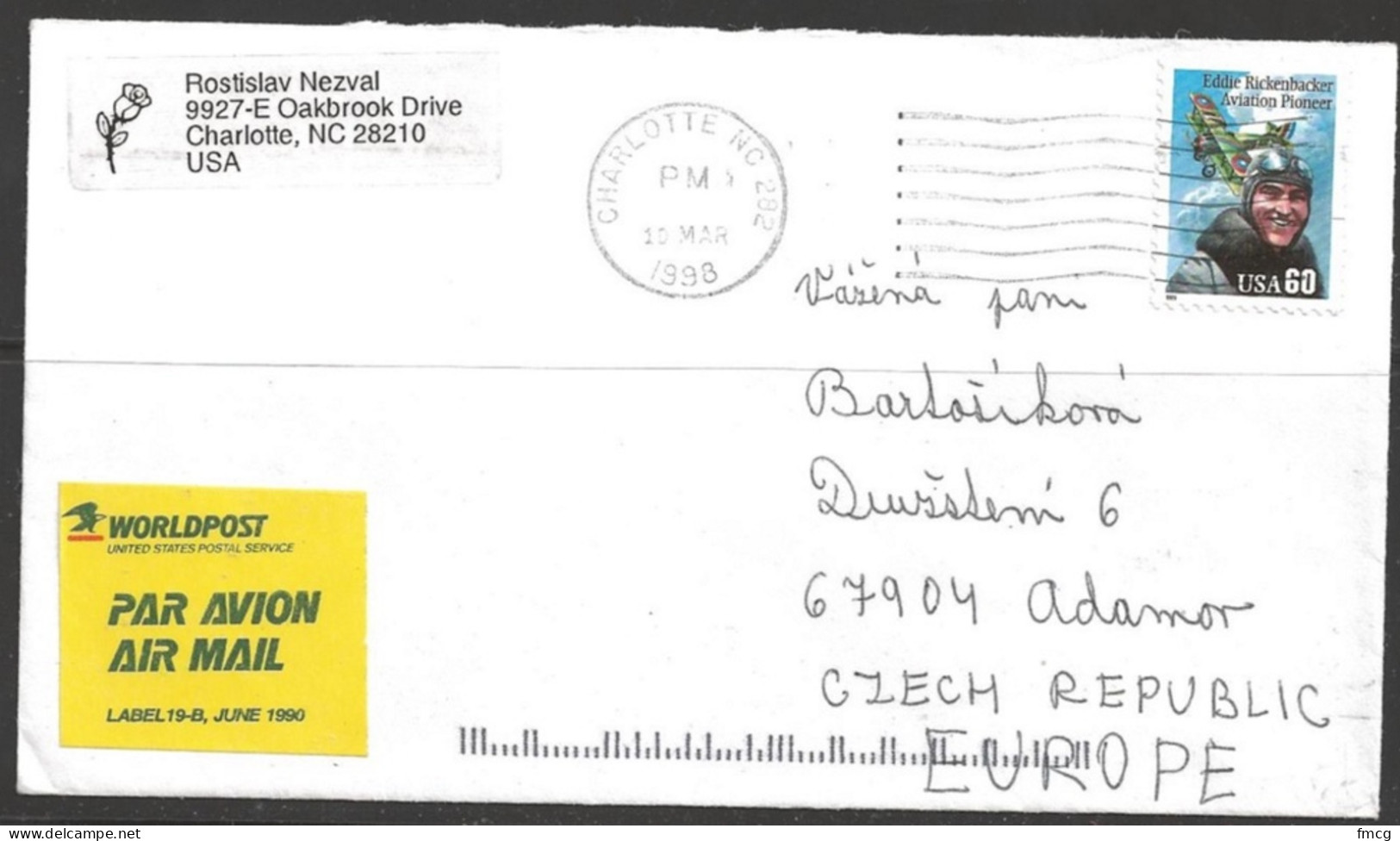 1998 60c Rickenbacker, Charlotte NC To Czech Republic (10 Mar 1998) - Storia Postale