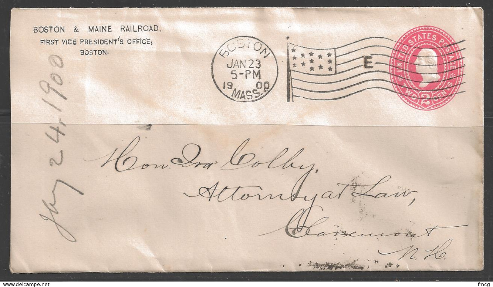 1900 Boston Mass (Jan 23) "E" Flag Cancel, Corner Card Boston & Maine Railroad - Briefe U. Dokumente