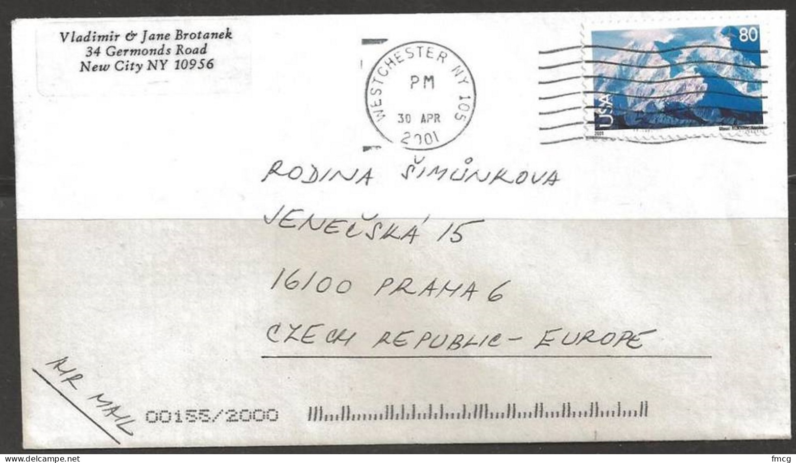 2001 (30 Apr) 80 Cents Mt. McKinley, Westchester NY To Czech Republic - Brieven En Documenten