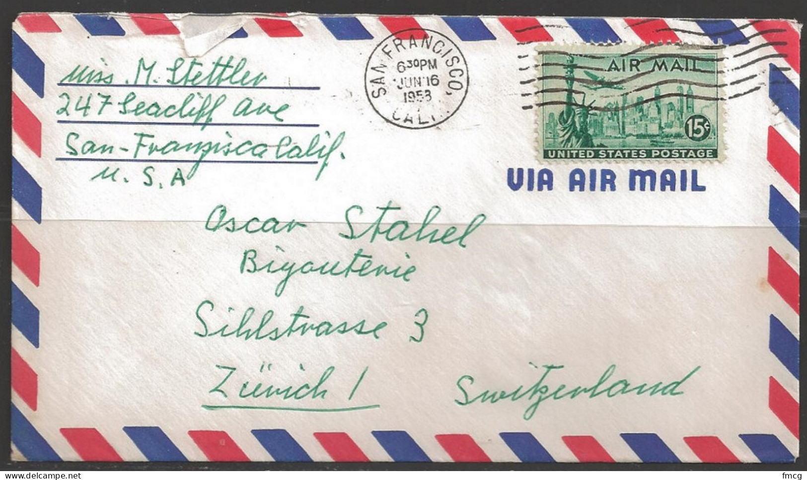 1953 15 Cent New York Skyline Airmail, San Francisco CA (Jun 16) To Switzerland - Storia Postale