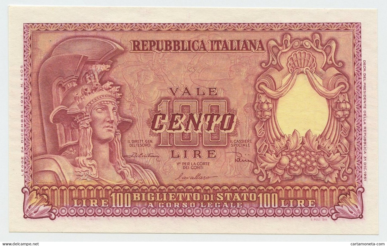 100 LIRE BIGLIETTO DI STATO ITALIA ELMATA DI CRISTINA 31/12/1951 QFDS - Autres & Non Classés