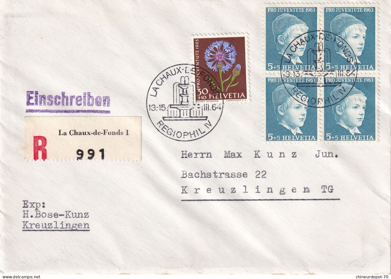 Recommandé La Chaux De Fonds 1 991 Einschreiben Regiophil IV 1964 Kreuzlingen Tg Pro Juventute 1963 - Covers & Documents