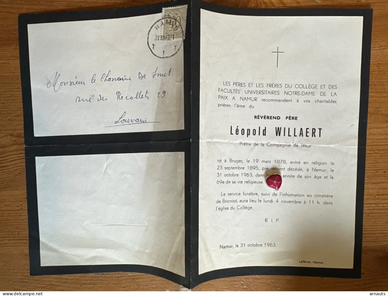 Universitaire Namur: Reverend Pere Leopold Willaert Pretre Compagnie De Jesus *1878 Bruges +1963 Namur Bricniot Stempel - Obituary Notices