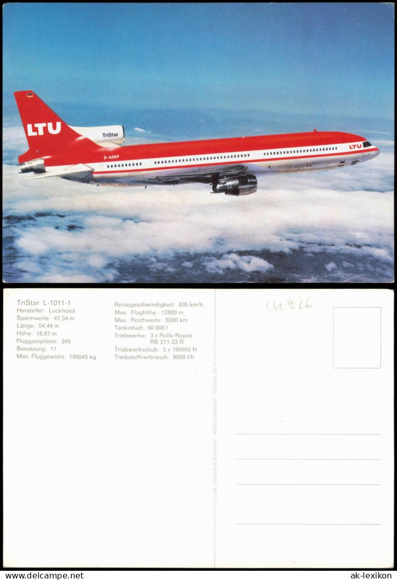 Flugzeug Airplane Avion LTU TriStar L-1011-1 Hersteller: Lockheed 1980 - 1946-....: Modern Tijdperk