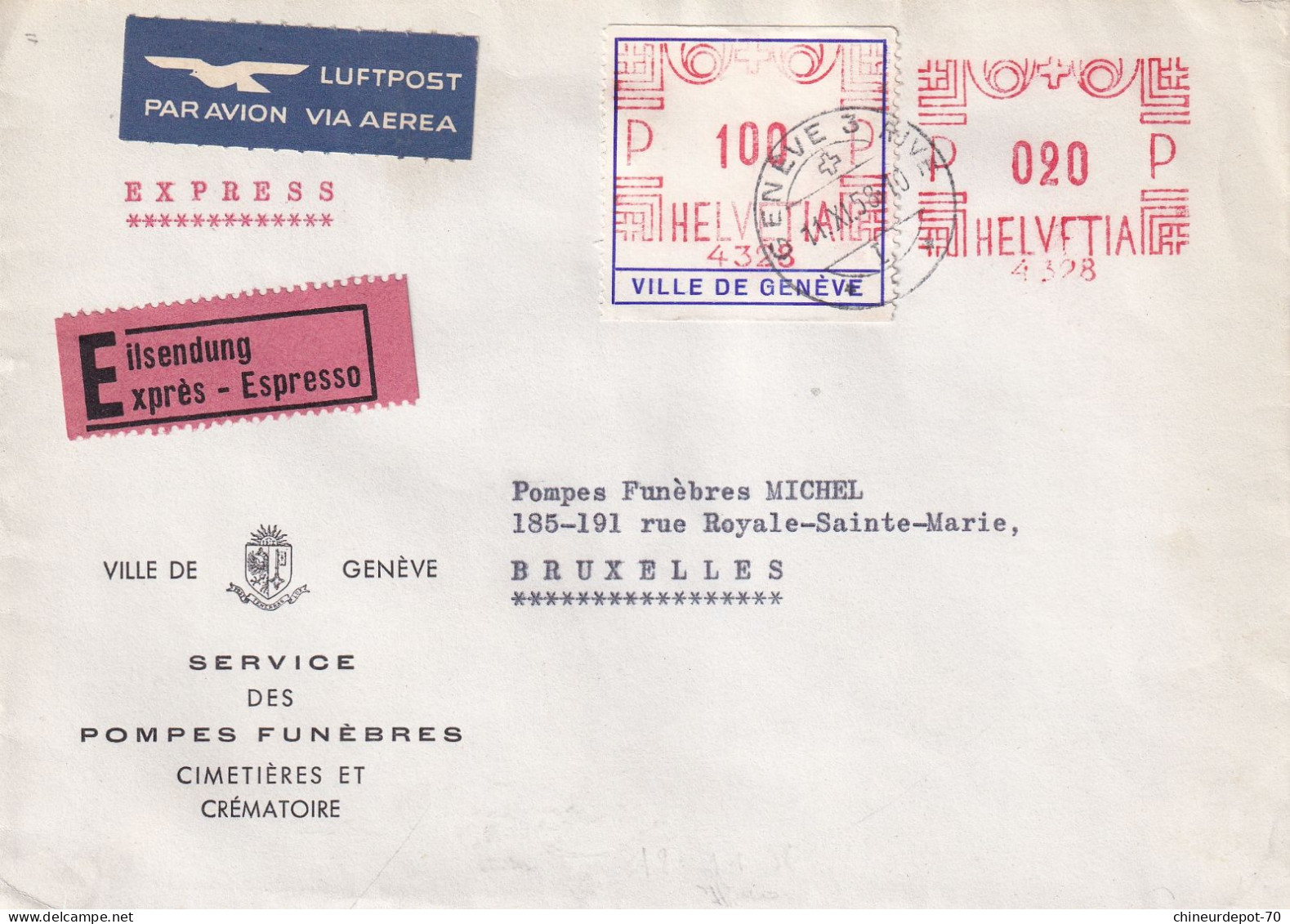 Luftpost Express Exprès Ville De Genève Pompes Funèbres Bruxelles - Brieven En Documenten