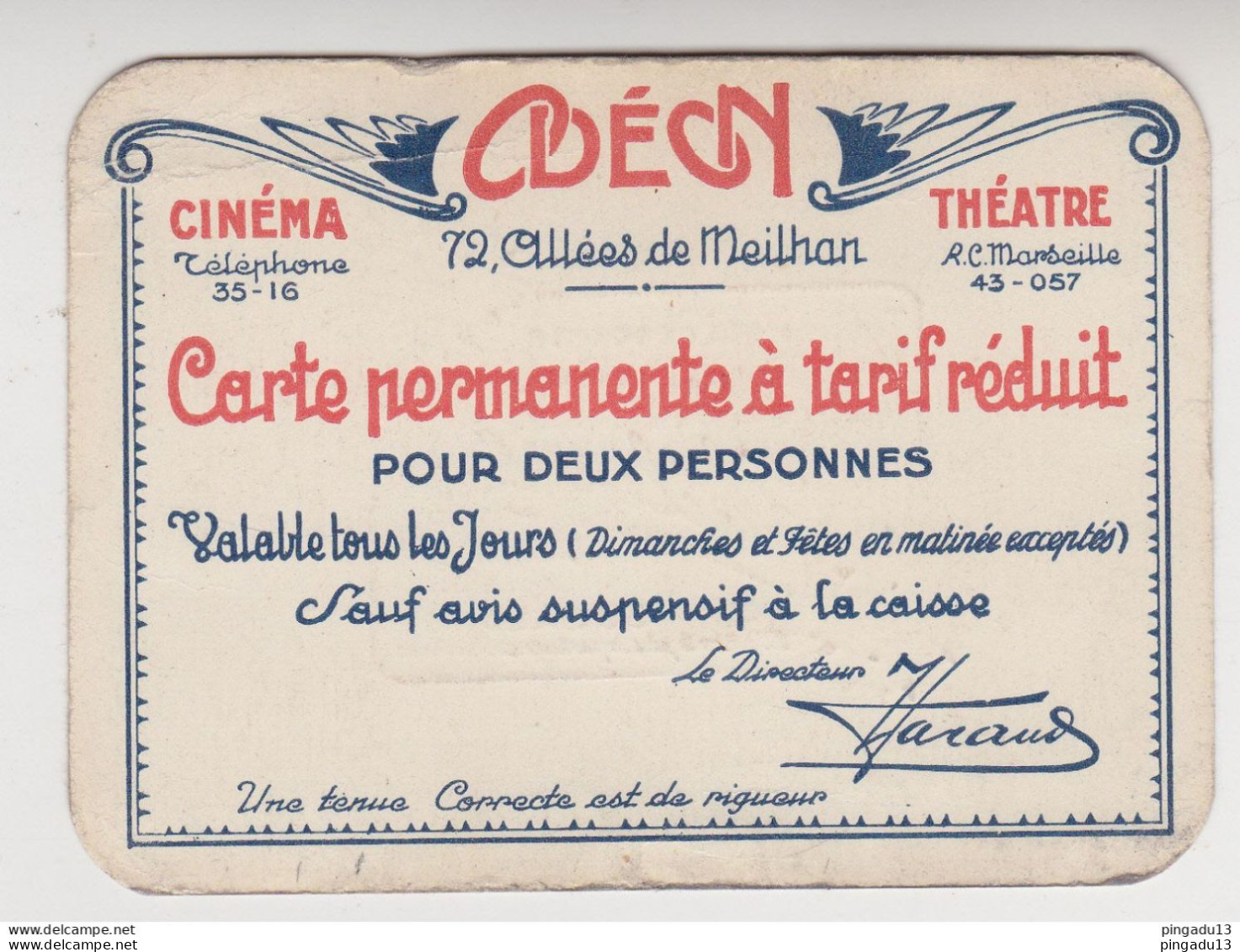 Fixe Cinéma Carte Permanente à Tarif Réduit Odéon Marseille Publicité Coiffure Philippe - Tickets D'entrée
