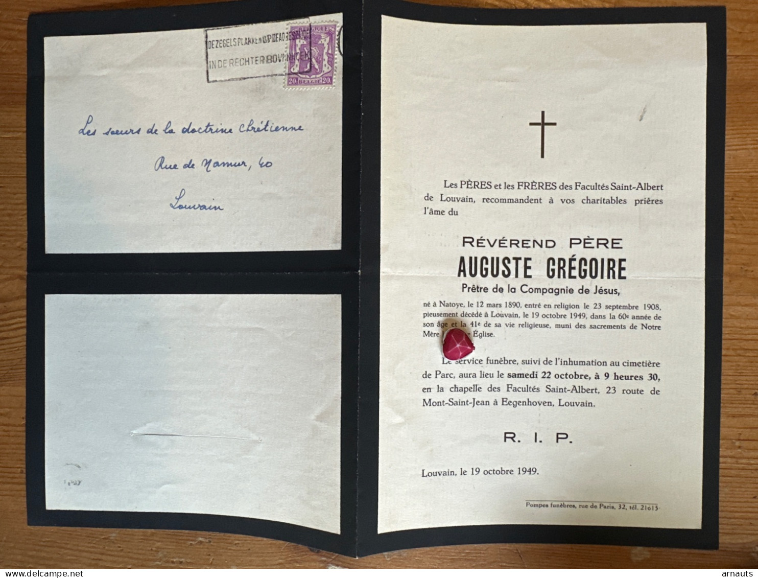 Reverend Pere Auguste Gregoire Pretre Compagnie De Jesus *1890 Natoye +1949 Louvain Parc Egenhoven Facultes Saint Albert - Décès