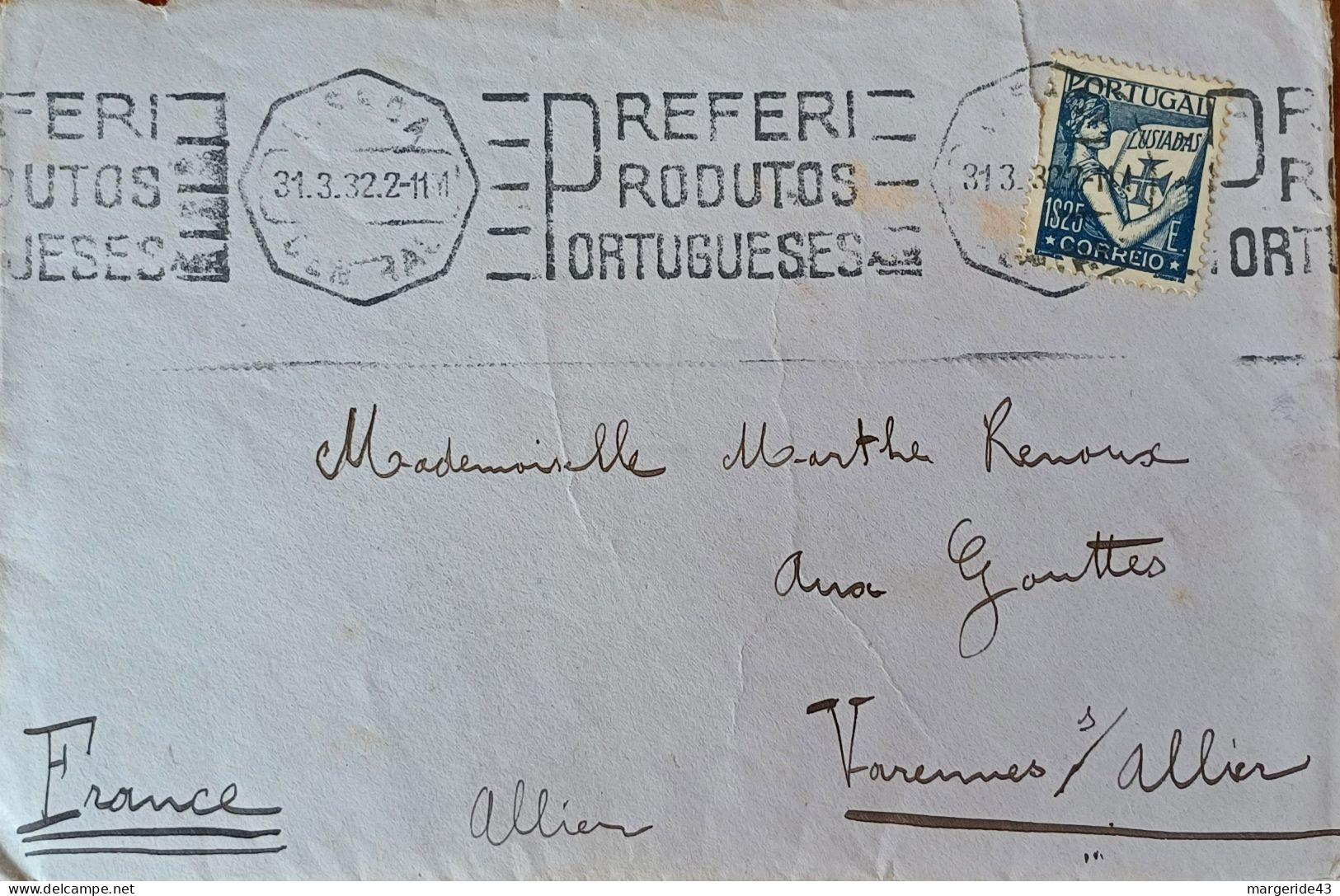 PORTUGAL SEUL SUR LETTRE POUR LA FRANCE 1932 - Cartas & Documentos