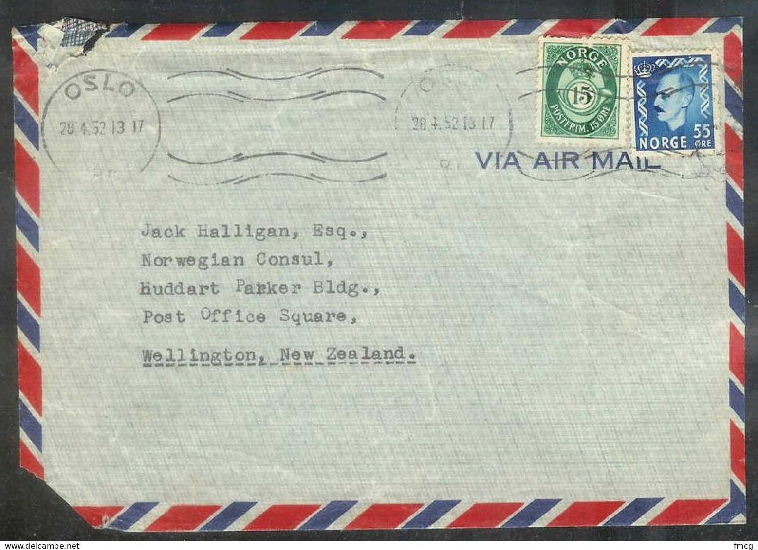 1952 30o King Haakon & 15o Posthorn, Oslo (28.4.52) To New Zealand - Lettres & Documents