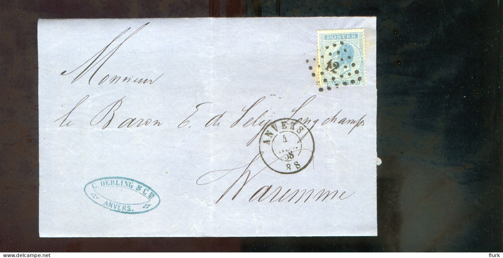België OCB18 Gestempeld Op Brief Anvers-Waremme 1868 Perfect (2 Scans) - 1865-1866 Perfil Izquierdo
