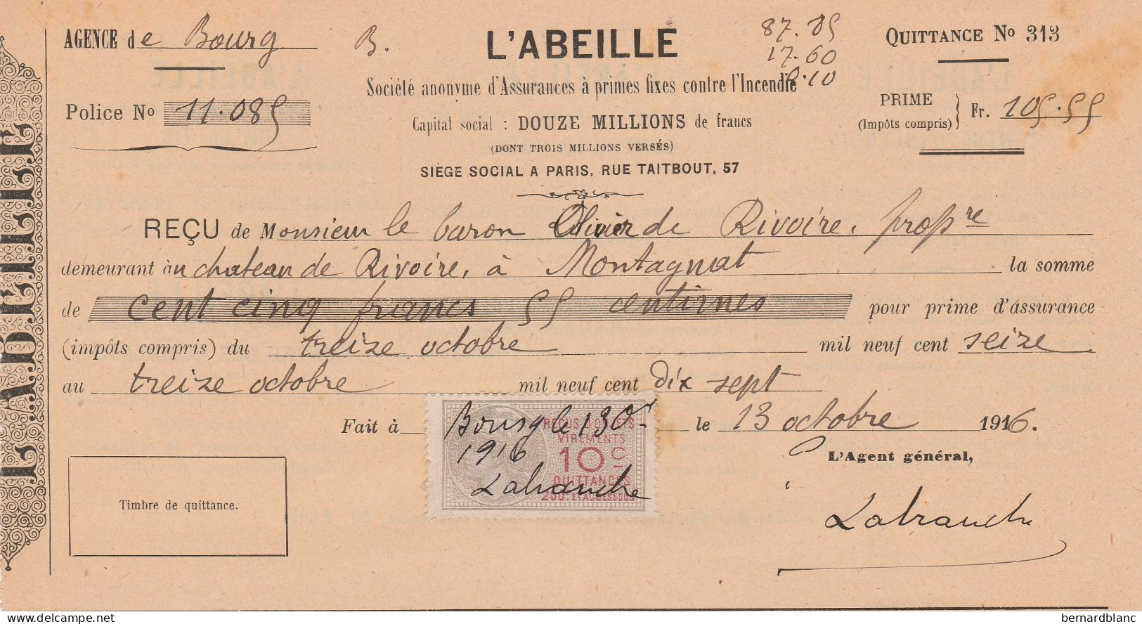 BOURG - AIN - ASSURANCE L'ABEILLE -  QUITTANCE EN 1916 - Autres & Non Classés