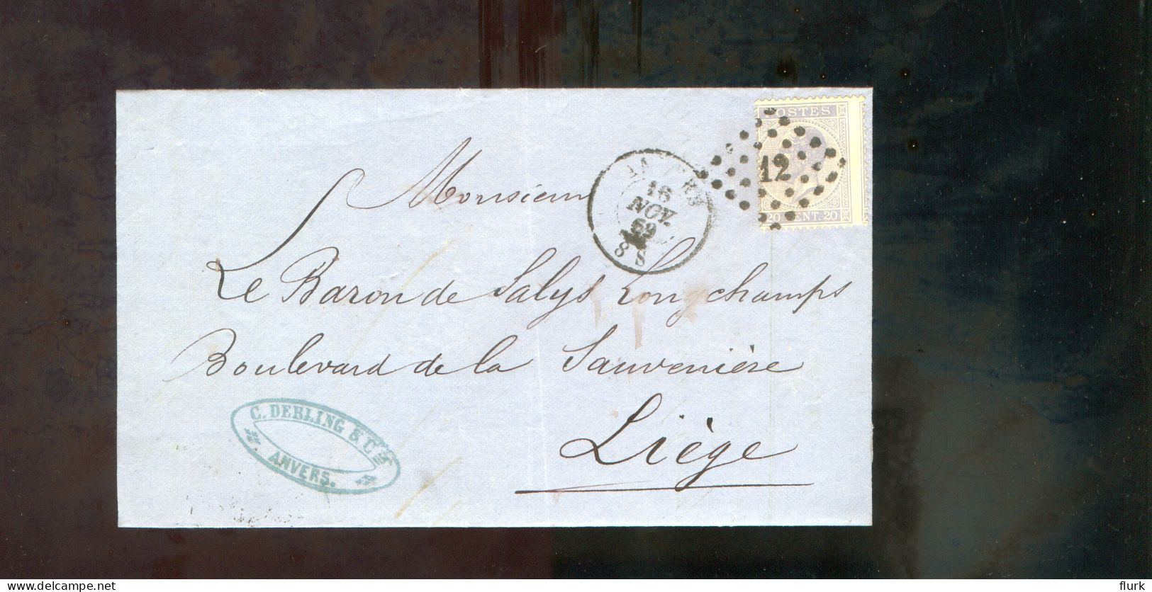 België OCB18 Gestempeld Op Brief Anvers-Liège 1869 Perfect (2 Scans) - 1865-1866 Perfil Izquierdo