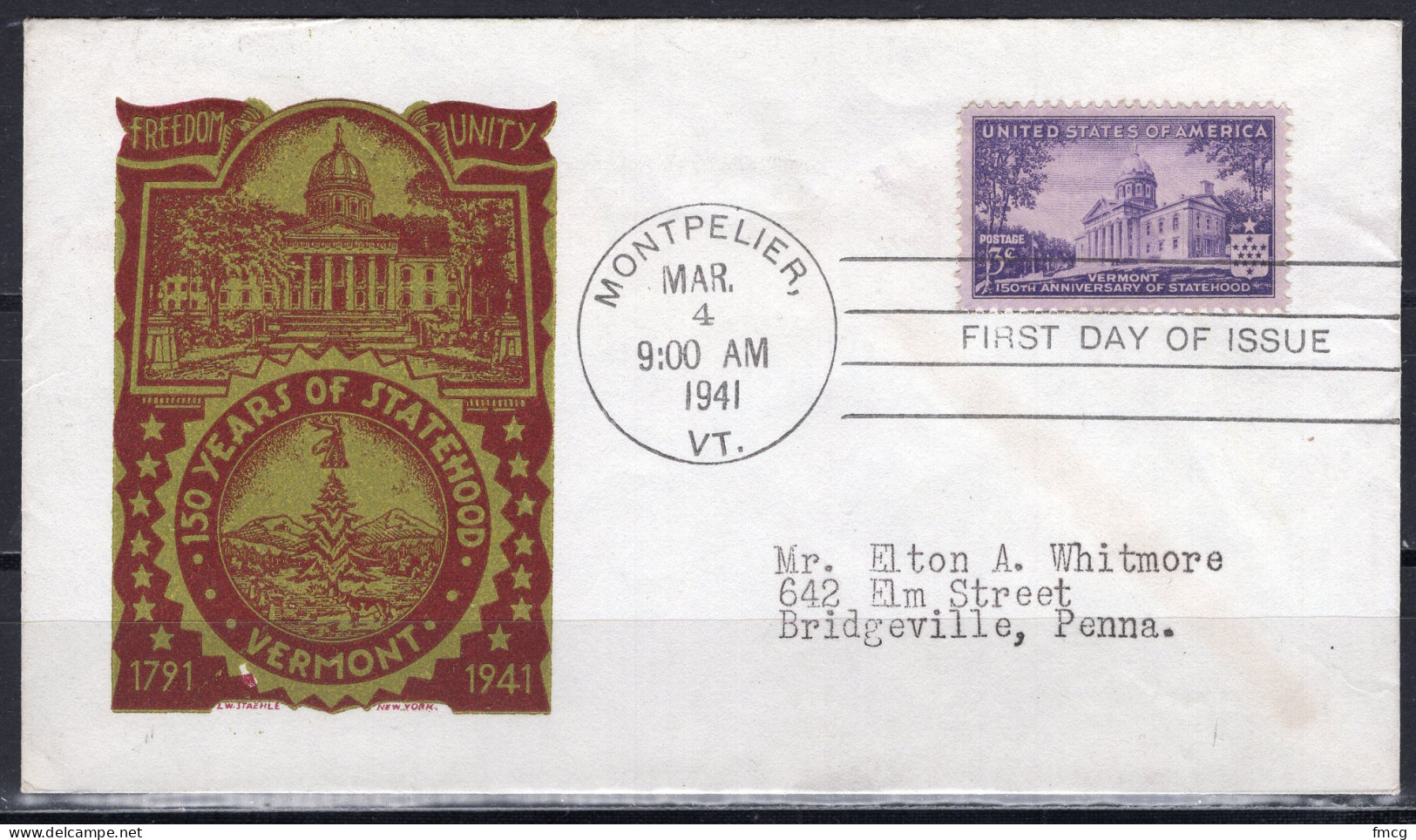 1941 Staehle First Day Cover - Vermont Statehood - 1941-1950