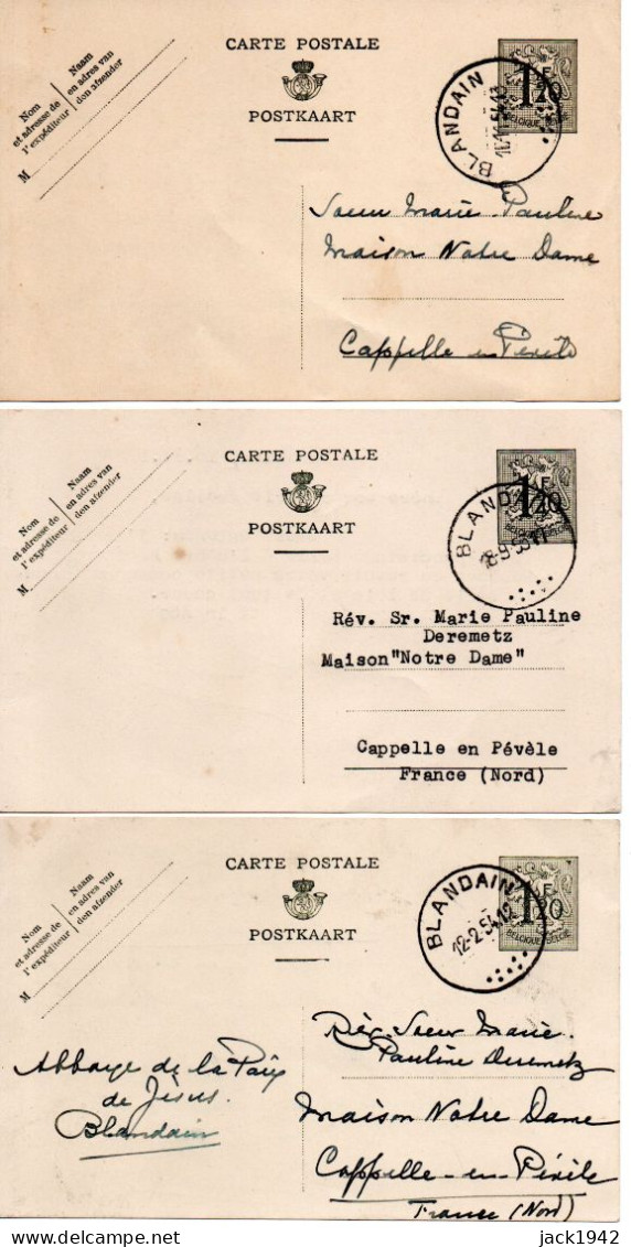 Lot De 3 Cartes Postales 1f20 Type Lion - De Blandain Vers Cappelle-en-Pévèle (France) - Tarif Frontalier - Postcards 1951-..