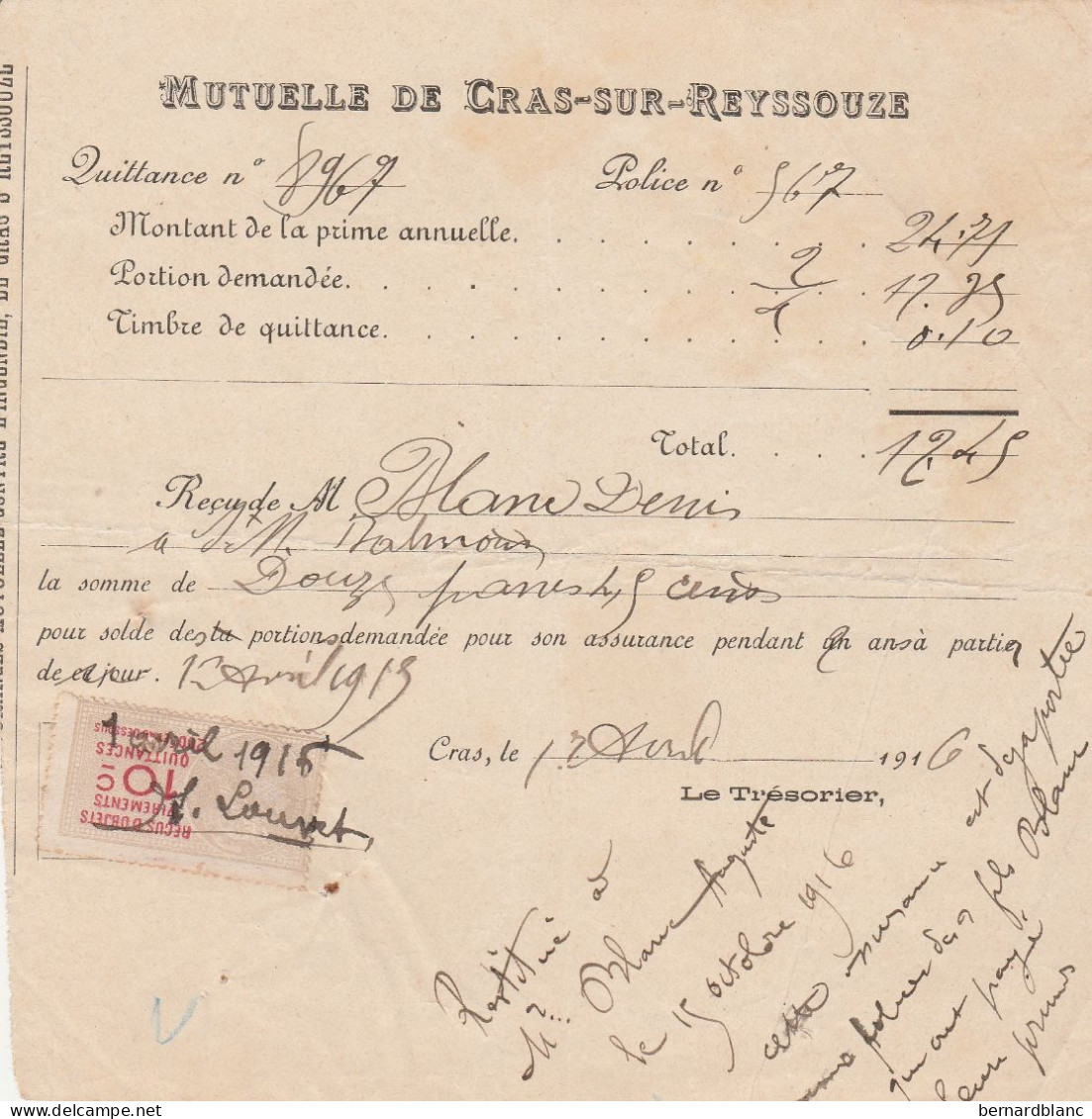 CRAS SUR REYSSOUZE - AIN - MUTUELLE -  QUITTANCE EN 1916 - Autres & Non Classés