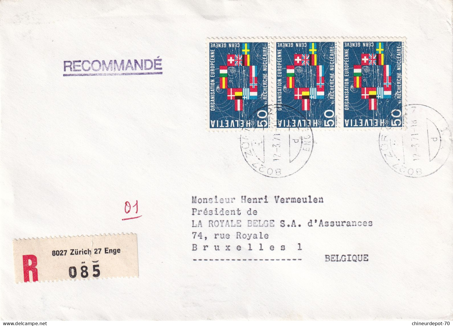 Recommandé 8027 Zurich 27 Enge 085 Organisation Européenne Recherche Nucléaire Royale Belge Assurance Bruxelles - Lettres & Documents