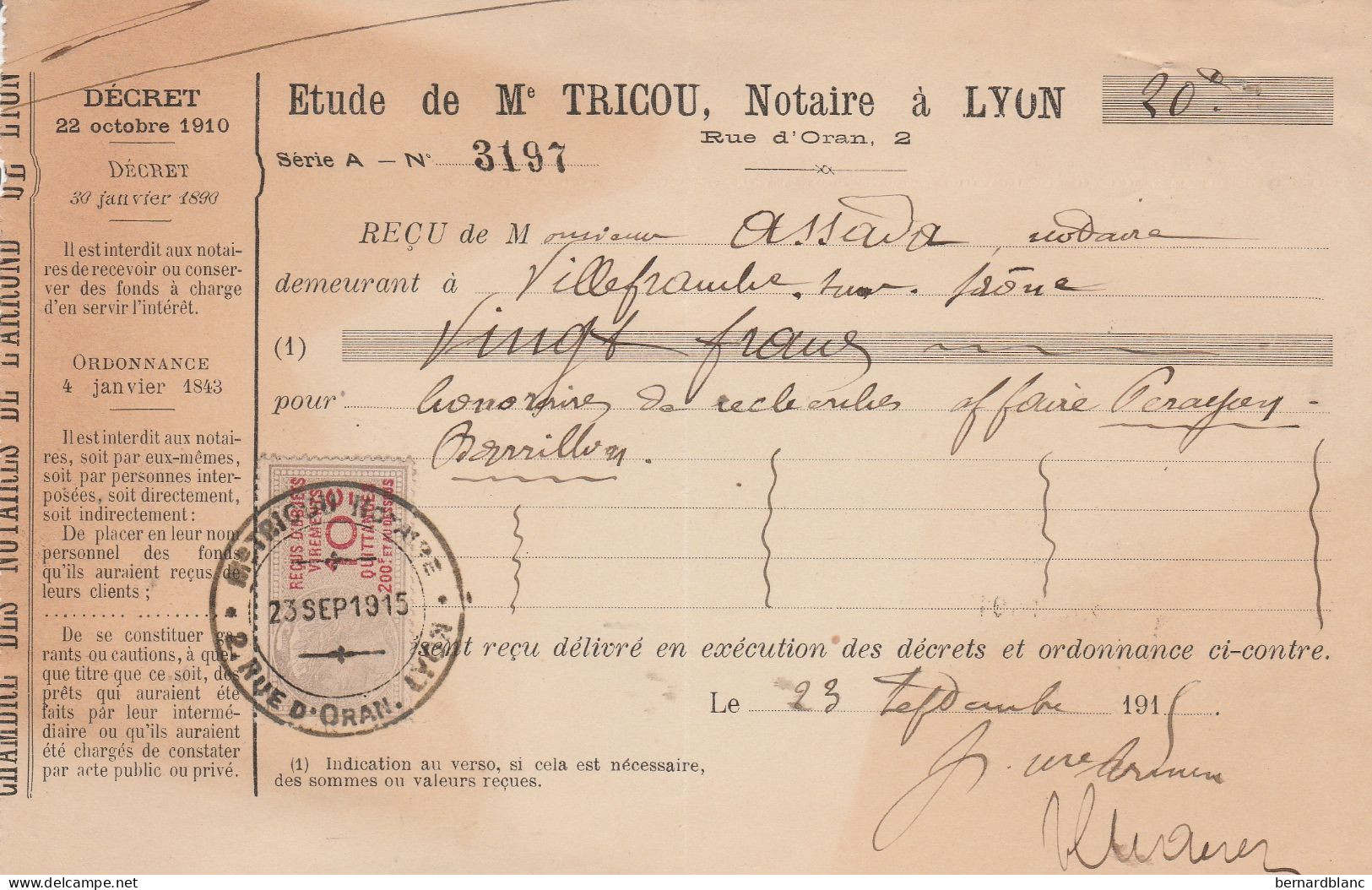 LYON - RHONE - NOTAIRE TRICOU -  QUITTANCE EN 1915 - Autres & Non Classés