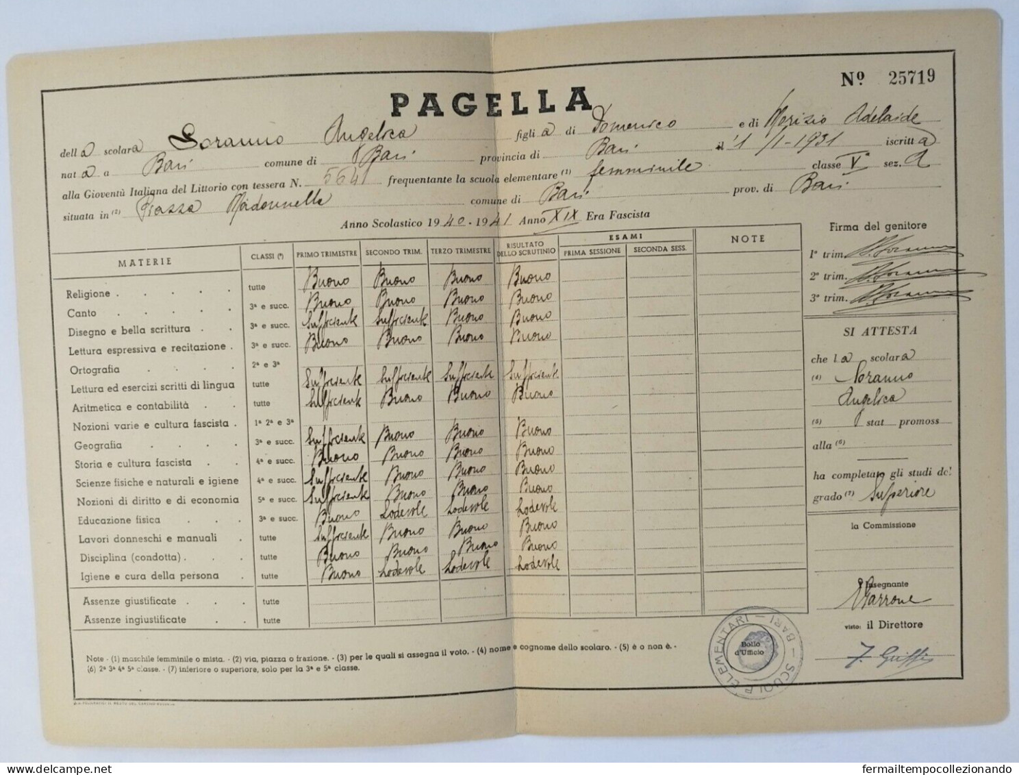 Bp48 Pagella Fascista Opera Balilla Palazzo E.nazionale  Bari 1941 - Diploma & School Reports