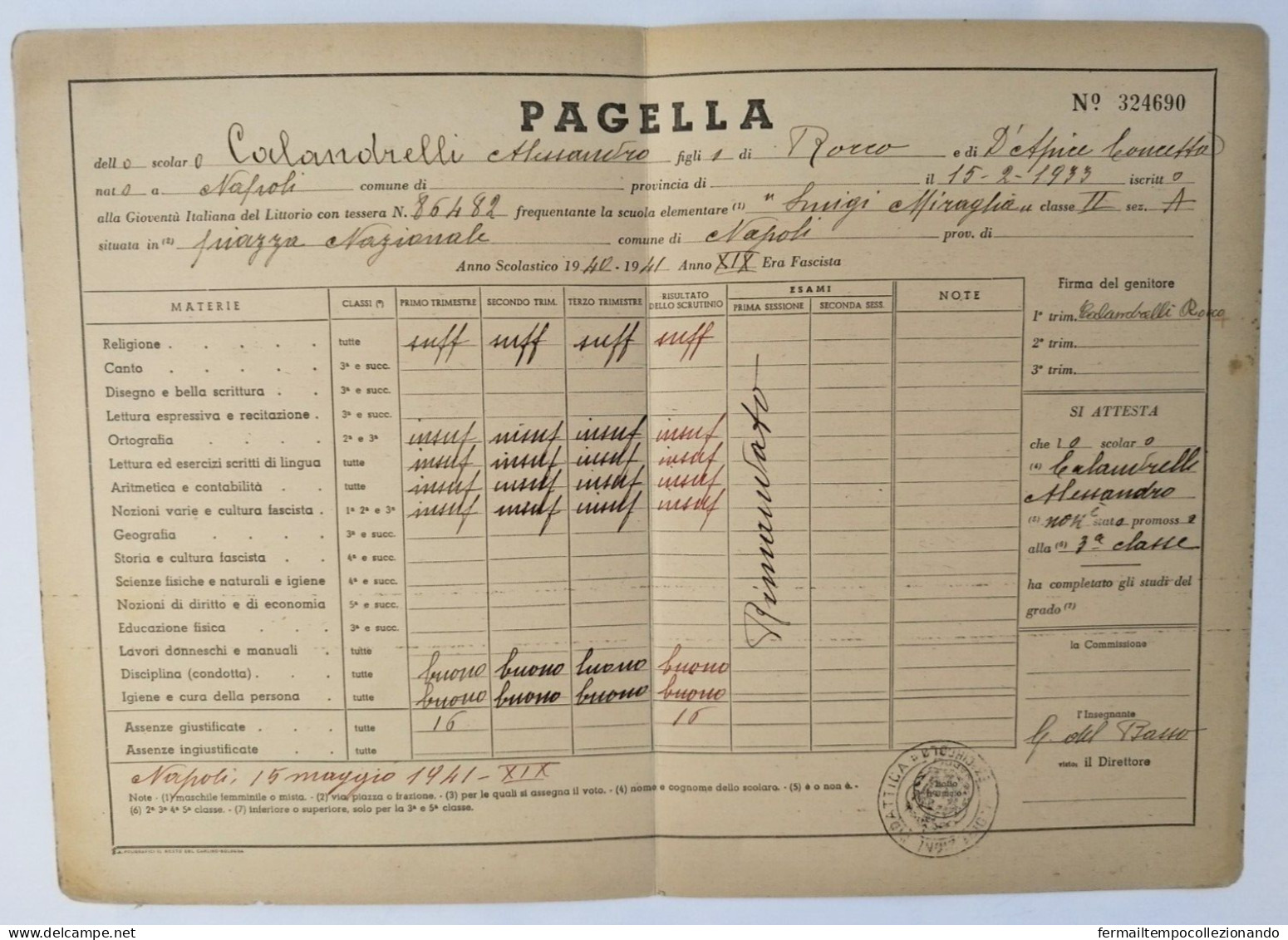 Bp49 Pagella Fascista Opera Balilla Palazzo E.nazionale  Napoli 1941 - Diplomas Y Calificaciones Escolares
