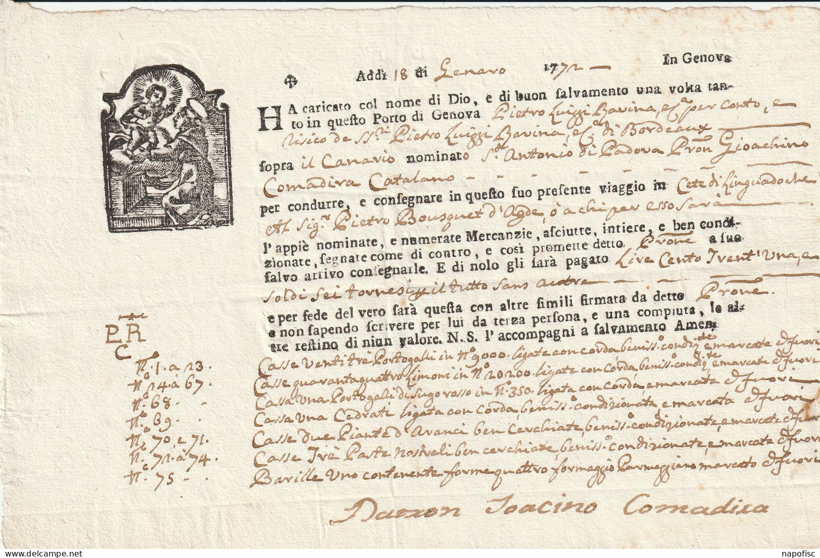 Connaissement P.L.Bavina  Navire San Antonio De Padova  Capitaine J.Comadixia Genes (Genova)  1772 - Transports