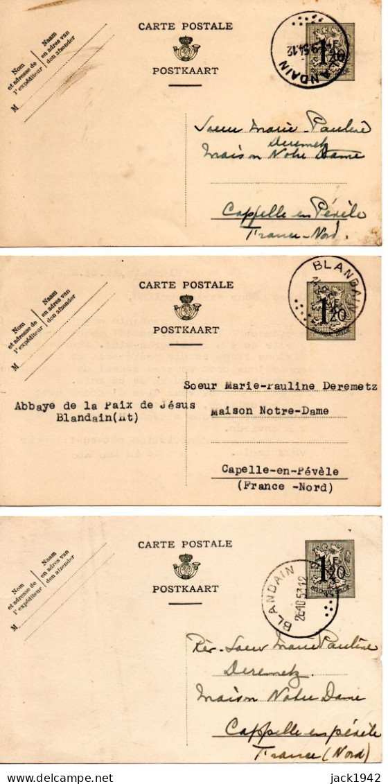 Lot De 3 Cartes Postales 1f20 Type Lion - De Blandain Vers Cappelle-en-Pévèle (France) - Tarif Frontalier - Lettres & Documents