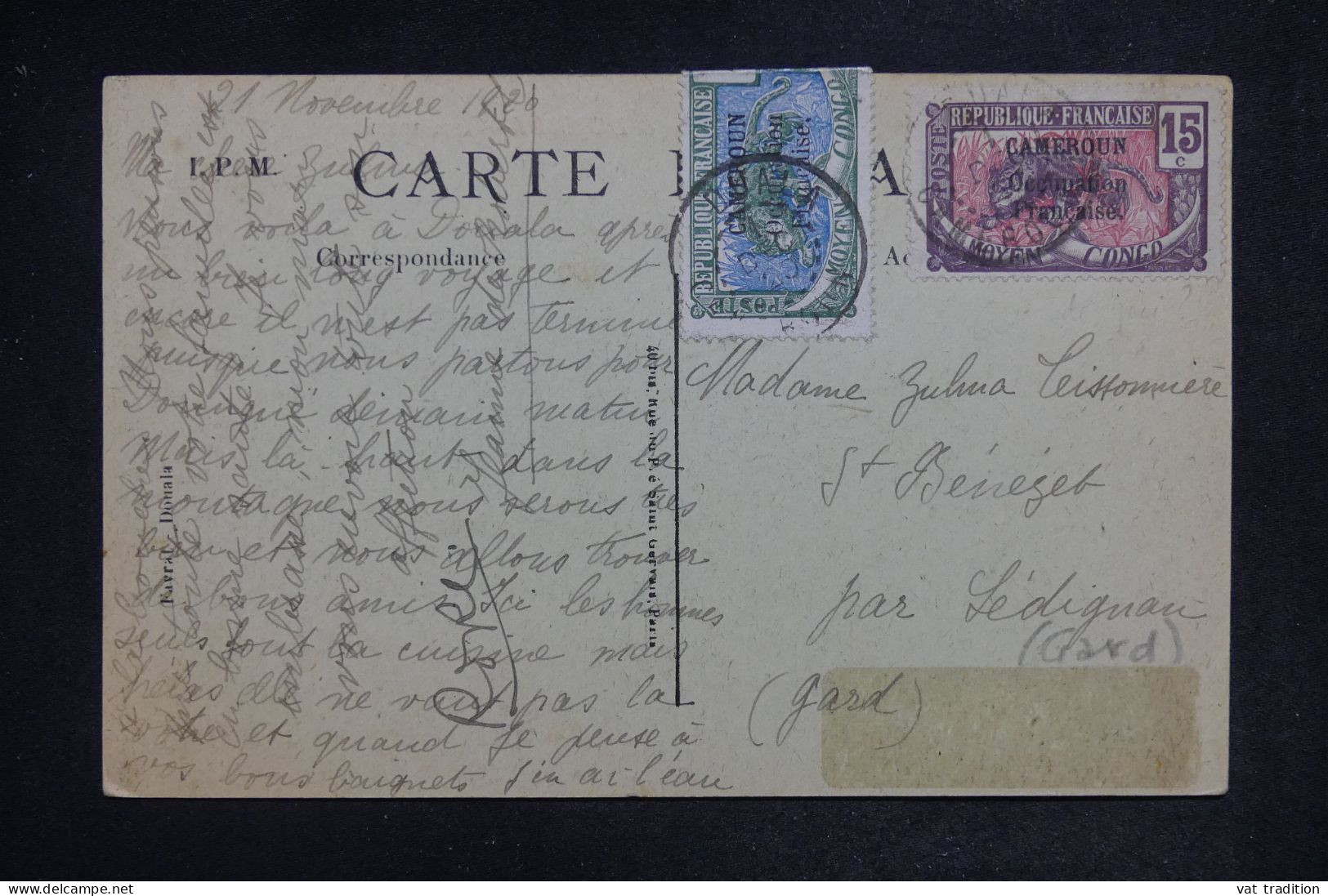 CAMEROUN - Affranchissement Panthères Surchargées Sur Carte Postale De Douala Pour La France En 1920 - L 151938 - Brieven En Documenten