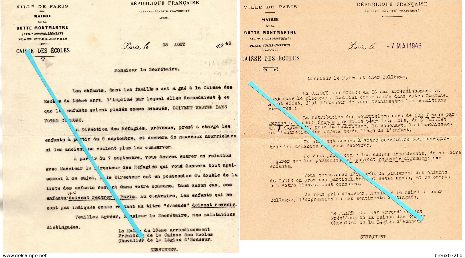 2 Documents-  Caisse Des Ecoles, Ville De Paris-   Enfants Réfugiés - Allier - - 1939-45