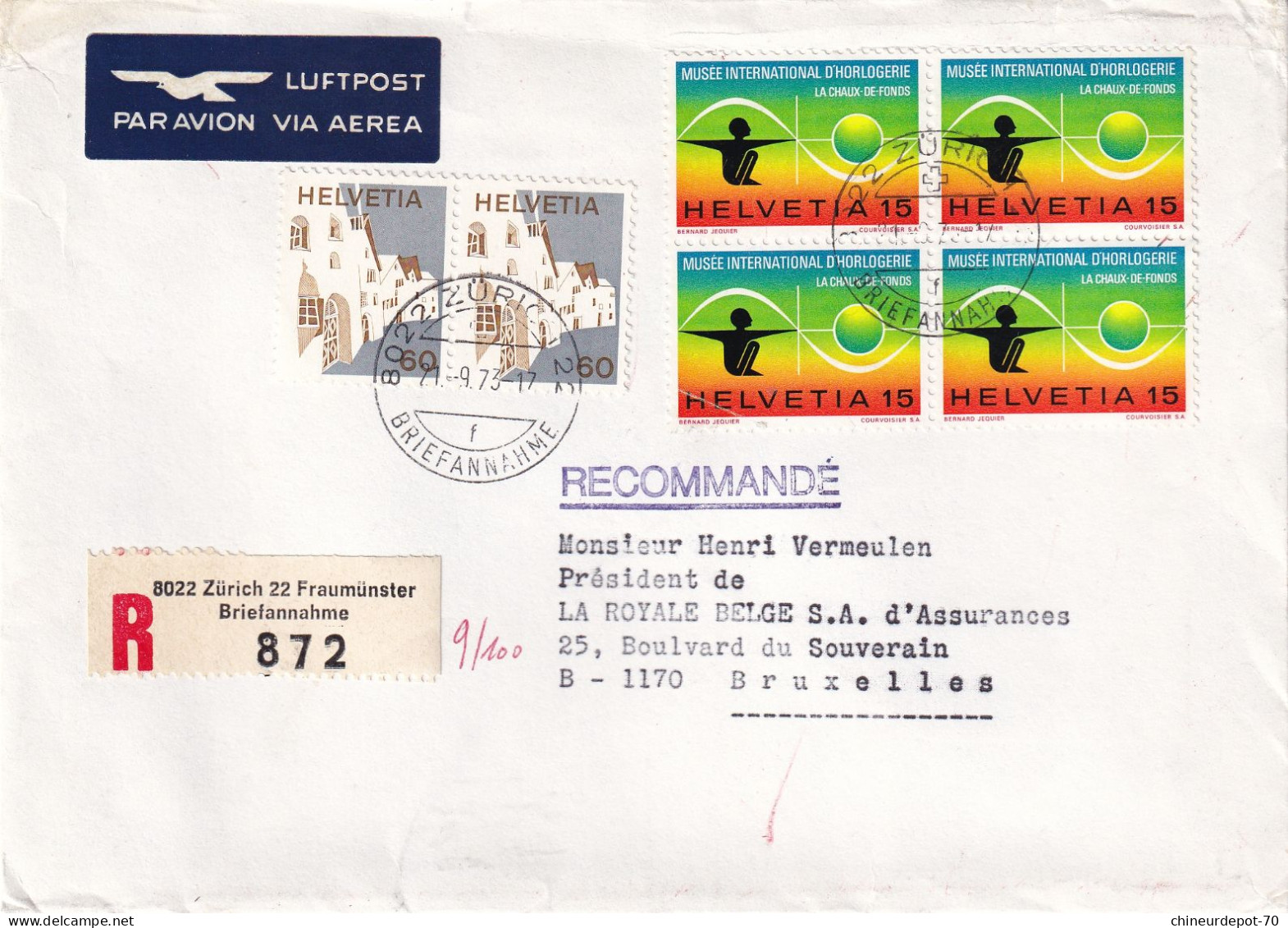 Recommandé Luftpost 8022 Zurich 22 Fraumunster Briefannahme 872 Musée International D Horlogerie Bruxelles Royale Belge - Cartas & Documentos