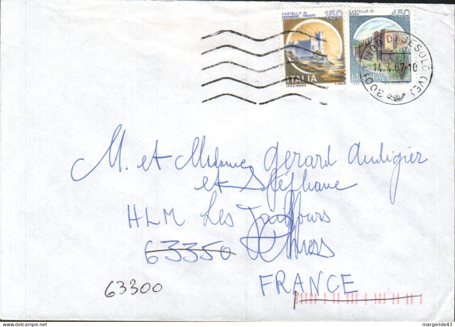 ITALIE AFFRANCHISSEMENT COMPOSE SUR LETTRE POUR LA FRANCE 1987 - 1991-00: Storia Postale