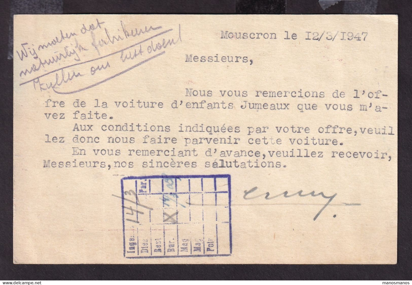 DDFF 994 -- BELGIQUE VELO - Entier Petit Sceau MOUSCRON 1947 - Cachet Comptoir Vélocipédique Belge, Coulon-Seys - Radsport