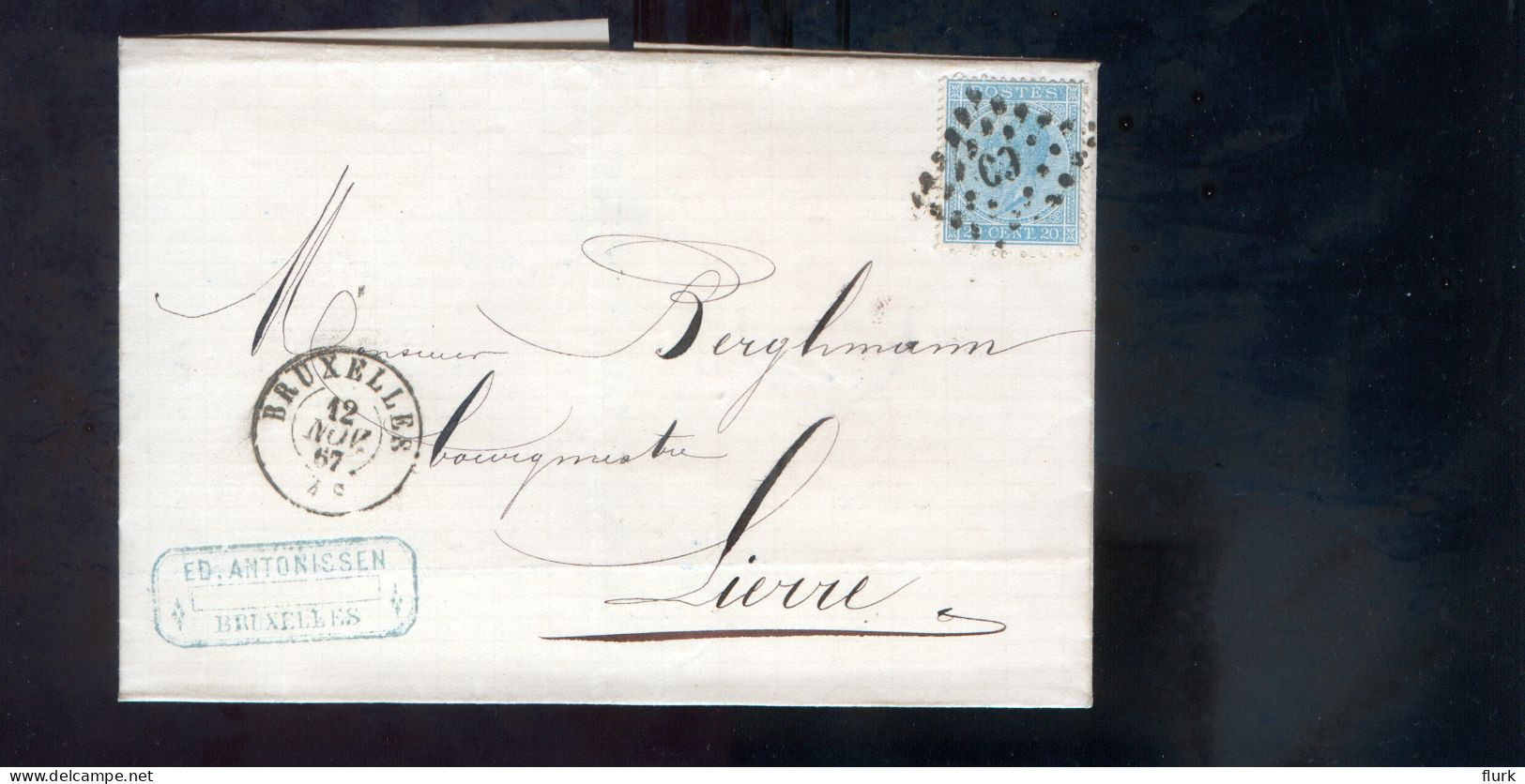 België OCB18 Gestempeld Op Brief Bruxelles-Lierre 1867 Perfect (2 Scans) - 1865-1866 Profil Gauche