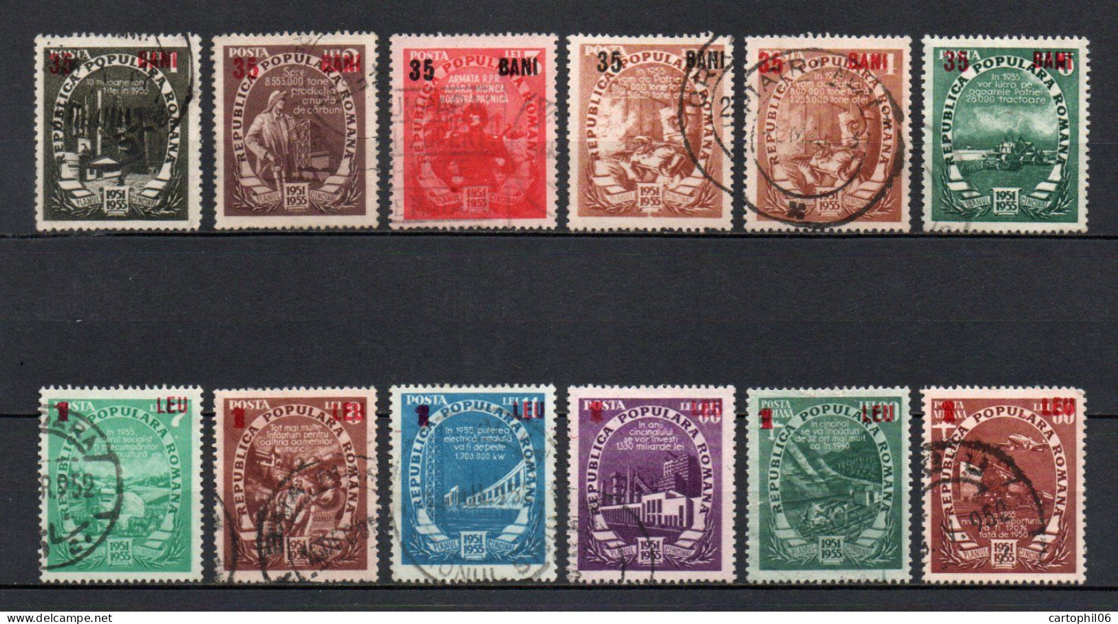 - ROUMANIE PLAN QUINQUENNAL 1952 (12 Timbres Surchargés Oblitérés) - Cote 50,00 € - - Used Stamps