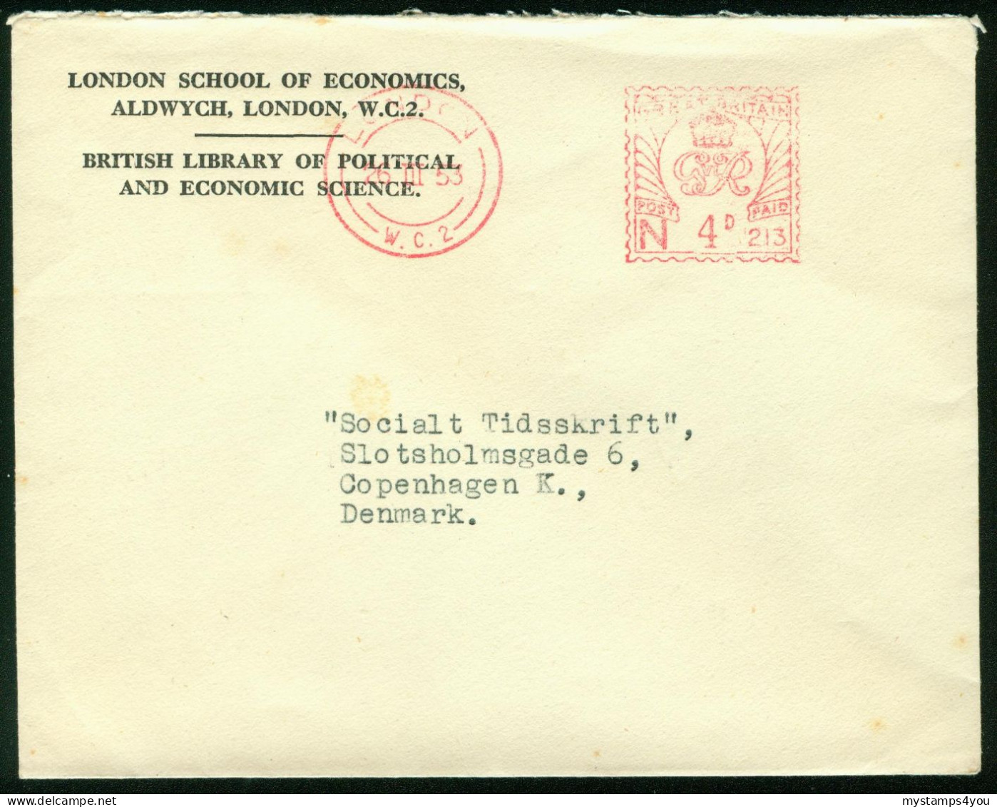 Br Great Britain, London 1953 Cover > Denmark (Meter Cancel London School Of Economics) #bel-1041 - Storia Postale