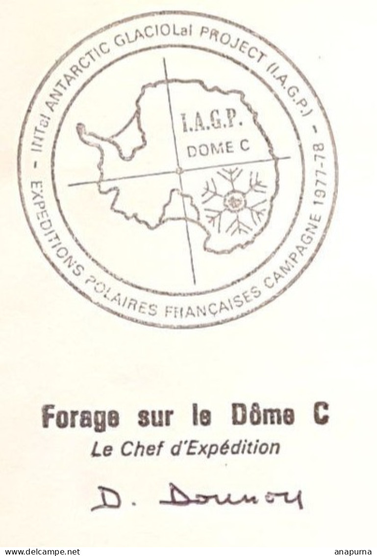 EPF, IAGP, Dome C, Forage, Pli Forage Dome C, 1977-78, Signé, Terre Adélie Missions PEV - Brieven En Documenten