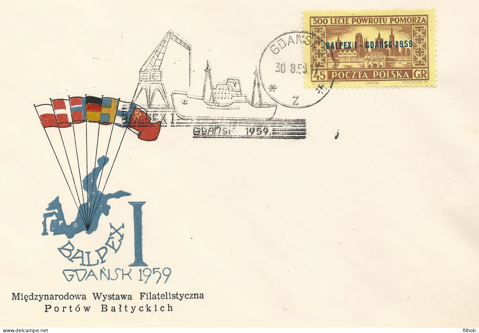 Poland Postmark D59.08.30 GDANSK.kop: Philatelic Exhibition Balpex 1959 Ship Crane (analogous) - Entiers Postaux