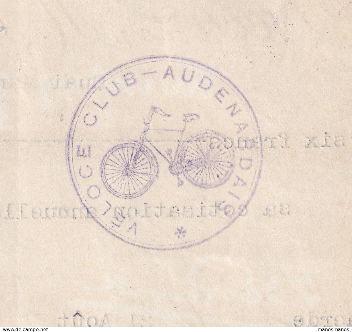 DDFF 996 -- BELGIQUE VELO - Reçu TP Albert AUDENAERDE 1923 - Cachet Illustré VELOCE Club - Cotisation Léon Thienpont - Radsport