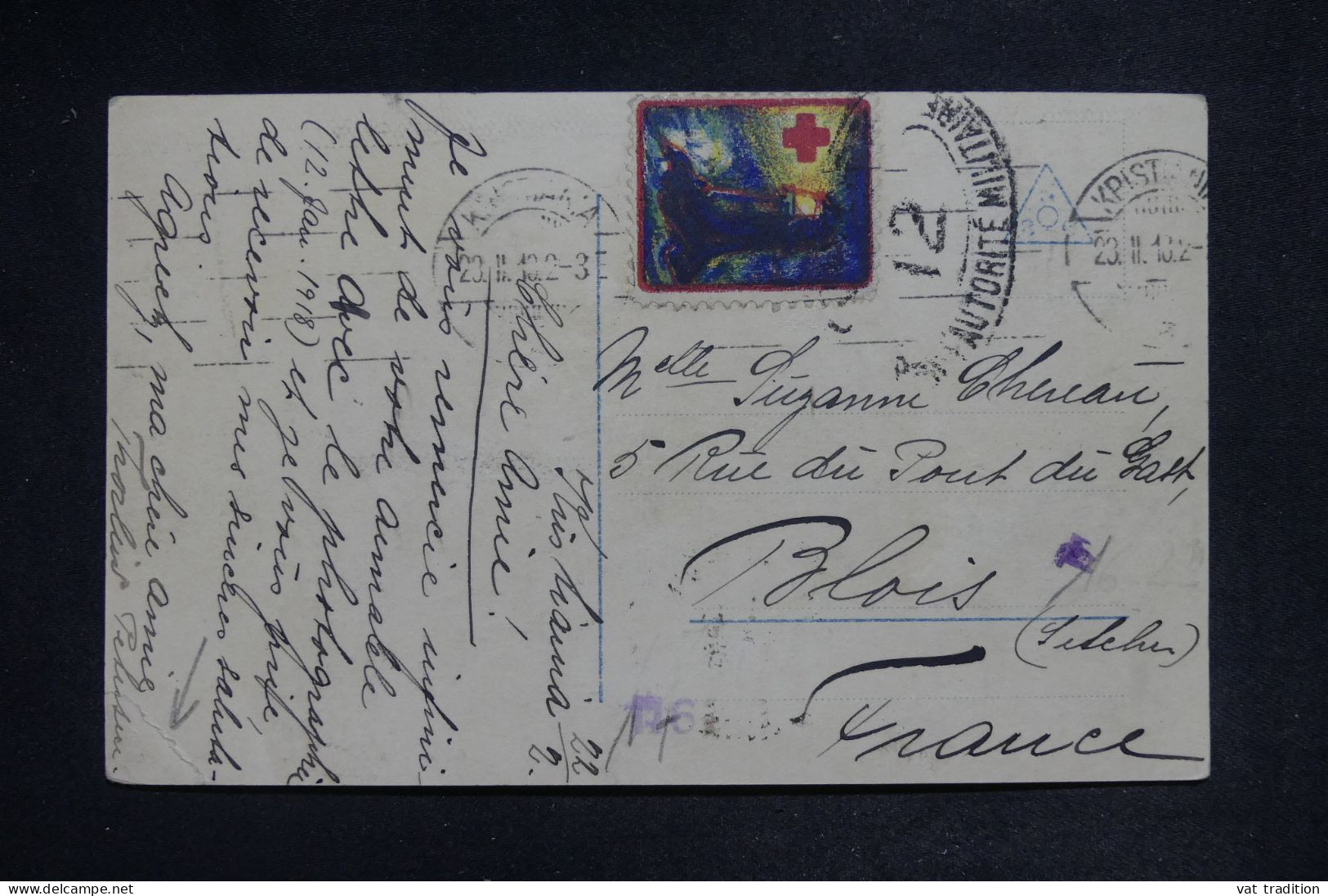 NORVÈGE - Vignette Croix Rouge Sur Carte Postale Pour La France En 1918 Avec Cachet De Censure - L 151944 - Lettres & Documents