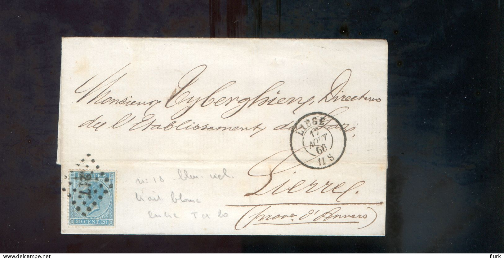 België OCB18 Gestempeld Op Brief Liège-Lierre 1866 Perfect (2 Scans) - 1865-1866 Linksprofil