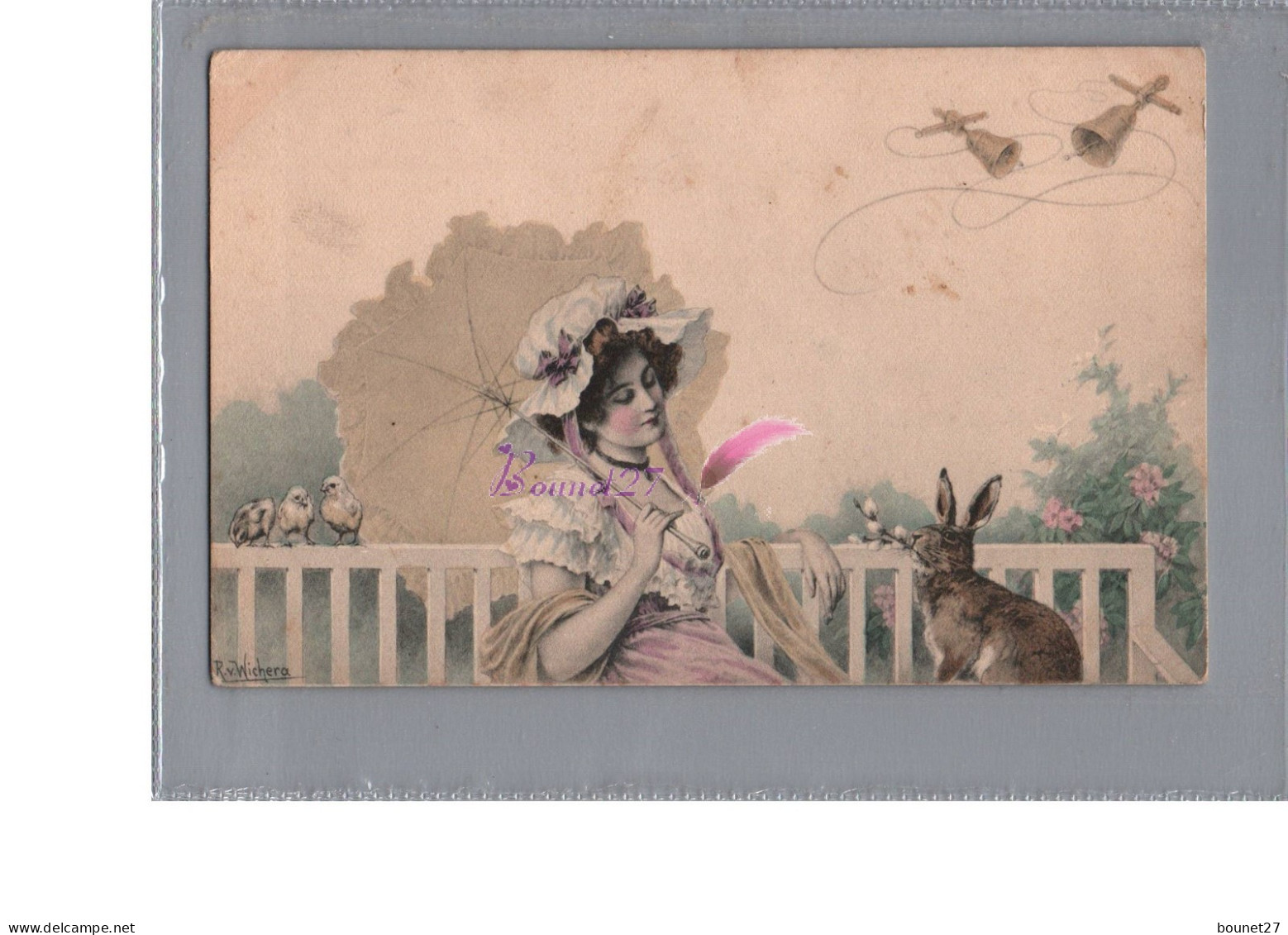 CPA - Illustration Signé R.V WICHERA - Jeune Femme Ombrelle Avec Un Lapin Rabbit Brin Muguet Et Cloche Pâques - Wichera